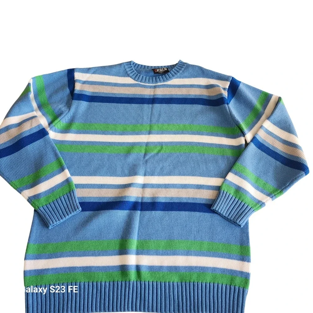 Southpole Striped Sweater Mens Large Blue Green Crewneck Knit Pullover Y2K Retro